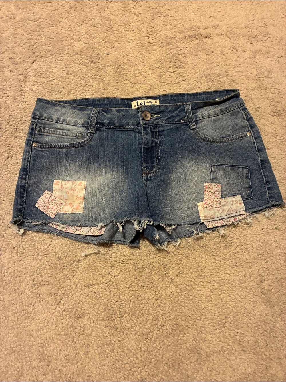 lei Blue Distressed Denim Shorts with Floral Patch Accents